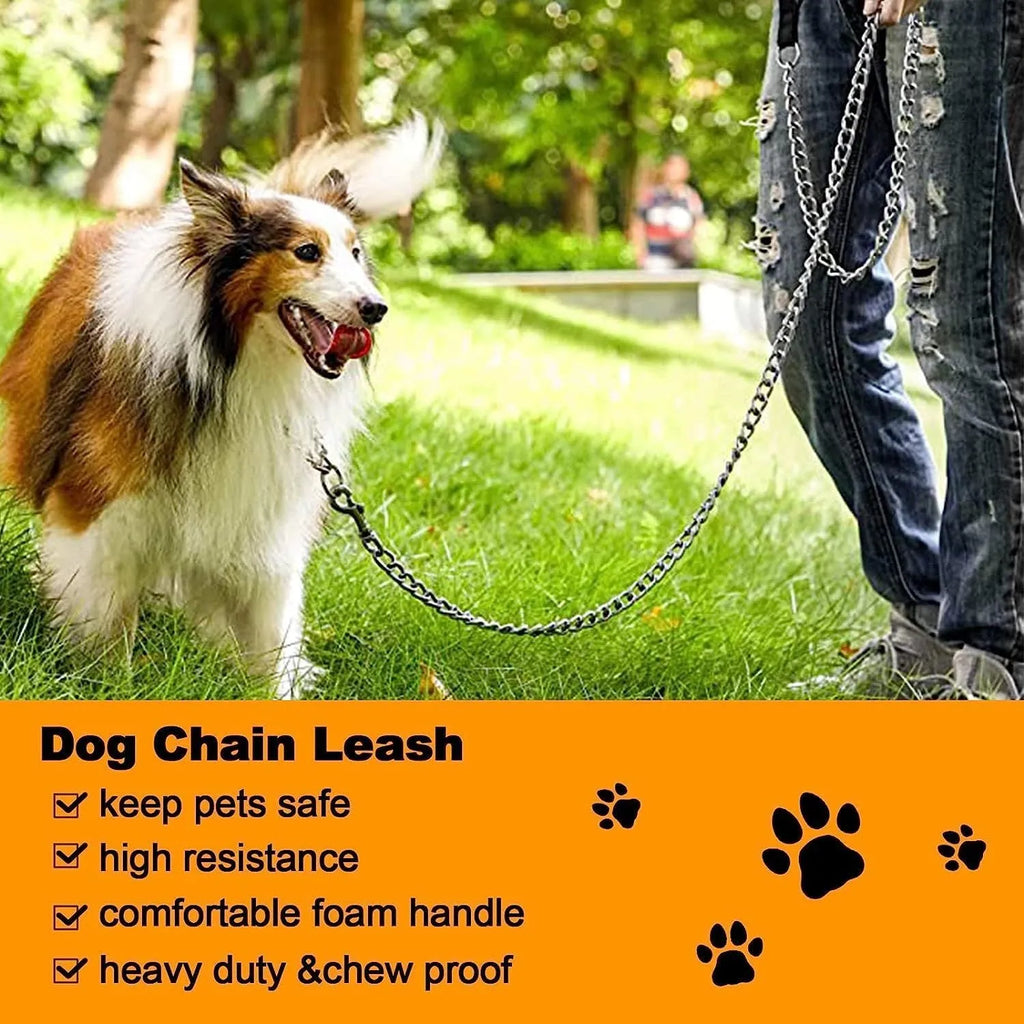Heavy duty metal dog leash with soft padded handle showing black colour option
