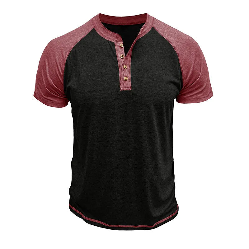 Men's short sleeve colour block pullover top with raglan sleeves on a mannequin.