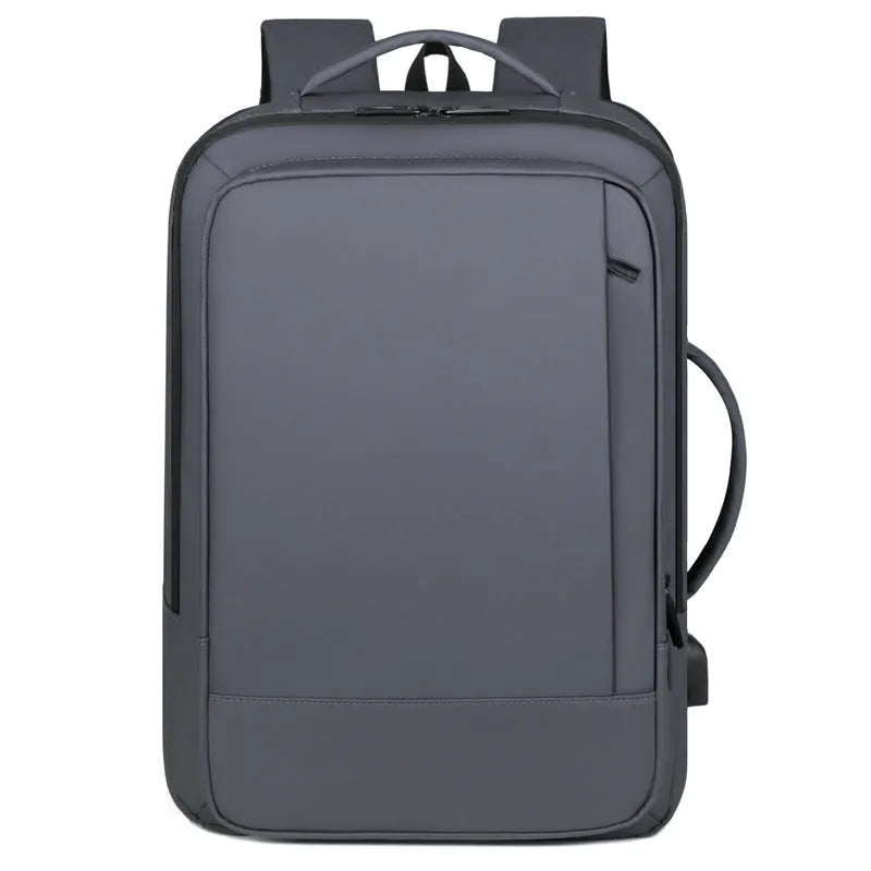 Black waterproof Oxford cloth backpack with curved shoulder straps and business organisation