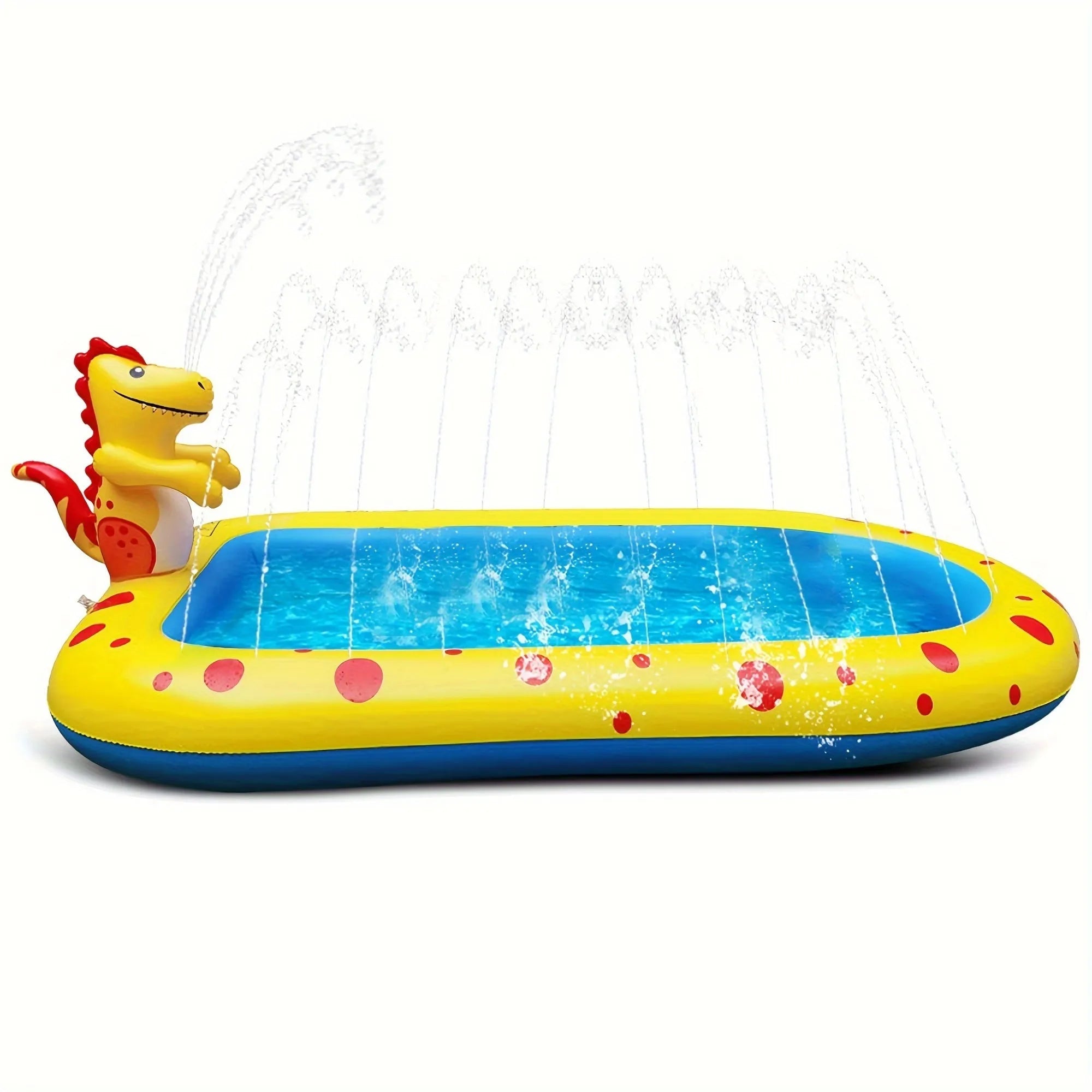 Blue inflatable dinosaur water spray pool with four water spray zones for children's outdoor play