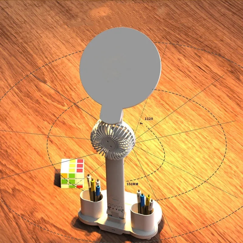 LED clock table lamp with USB rechargeable battery, fan attachment, and digital display on a desk
