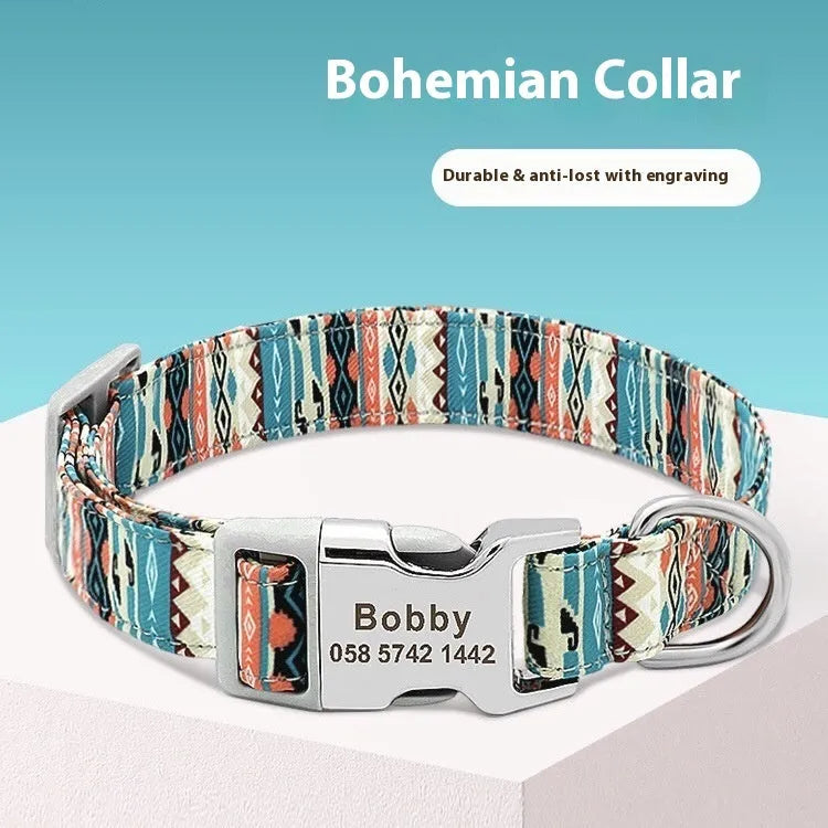 Striped canvas dog collar with semi-metal buckle in bohemian blue colour with adjustable sizing.