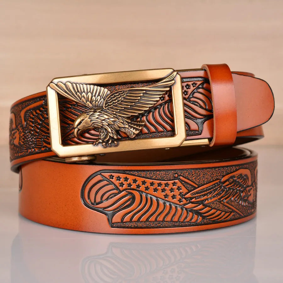 Leather men's belt cowhide eagle embossed automatic buckle 110-130cm black bronze buckle
