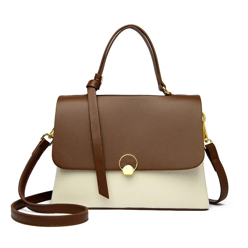 Soft PU cross-body handbag in beige, square vertical shape with sewing line detail, on white background