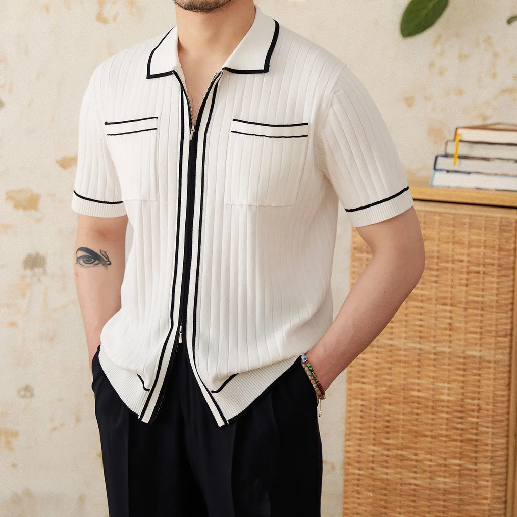 Slim elastic lapel short-sleeved polo shirt in black and white viscose-polyester blend