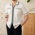 Slim elastic lapel short-sleeved polo shirt in black and white viscose-polyester blend