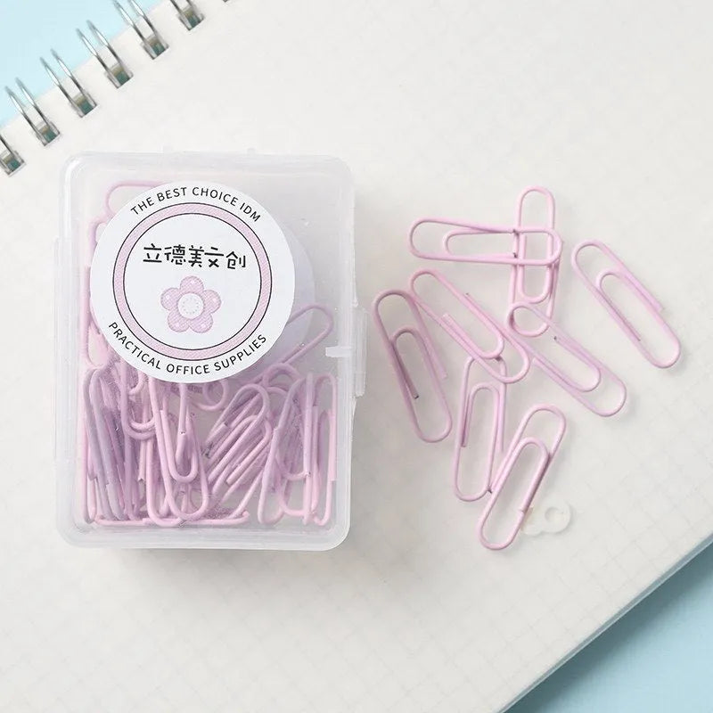 Macaron colour alloy paper clips in pink, purple, and green – 50mm and 28mm sizes in box