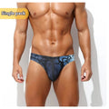 Men's low-waisted quick-drying briefs with digital print design on polyester fabric.