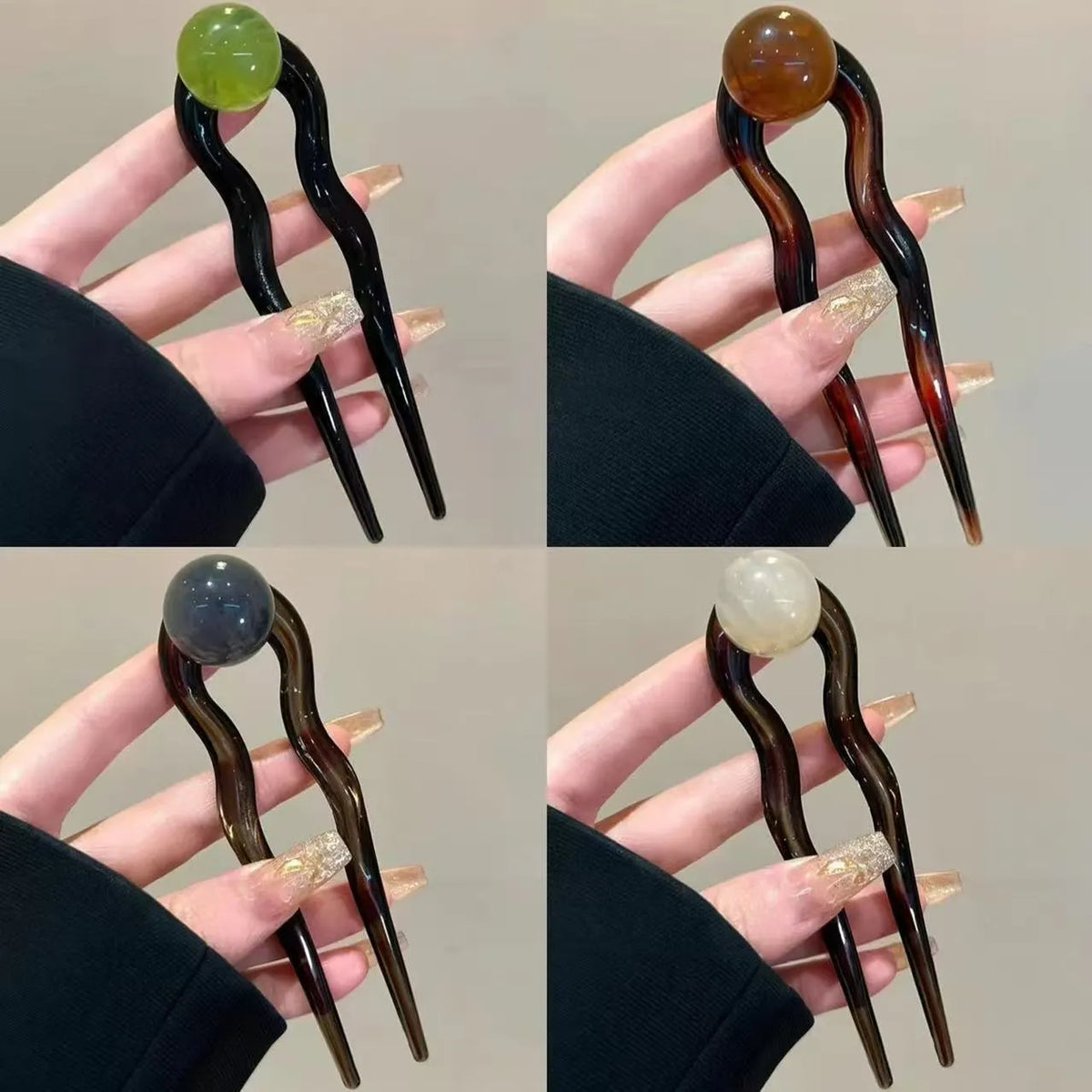 Simple U-shaped acrylic barrettes with ball retro design in beige, caramel, dark gray and green colours