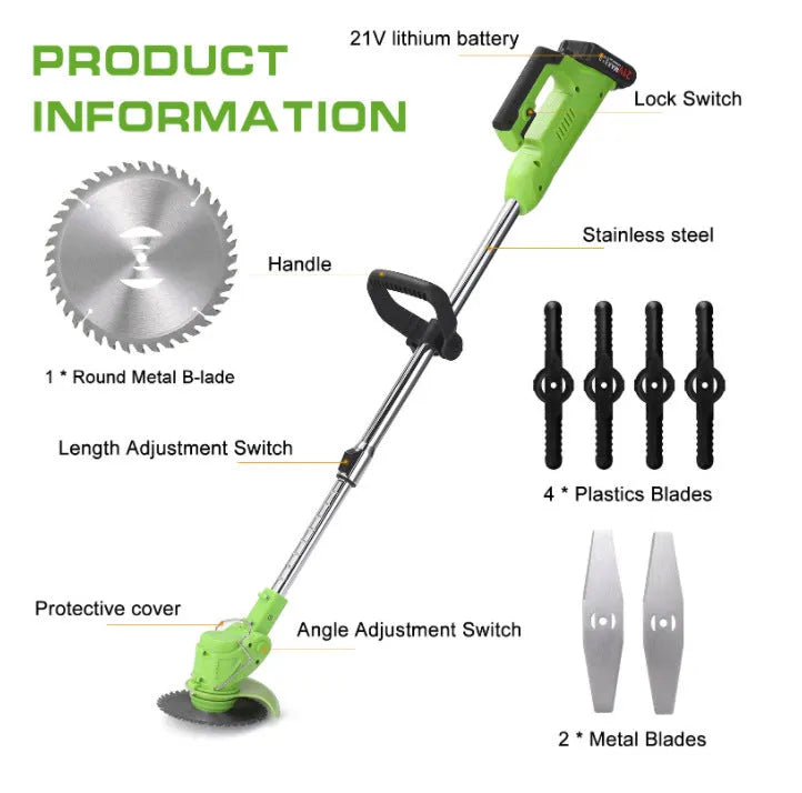 Cordless electric lawn mower with stainless steel telescopic tube and alloy cutter head on grass