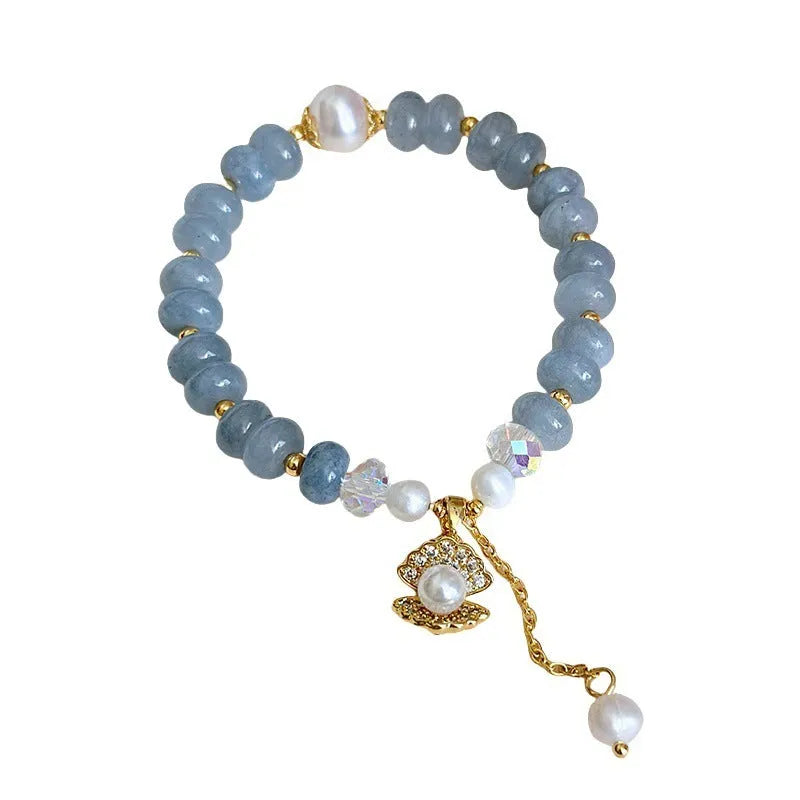 Natural aquamarine pearl and shell healing bracelet with adjustable closure