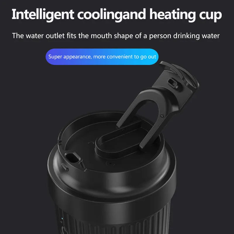 Smart heating and cooling cup in black plastic with white interior and 12V car plug