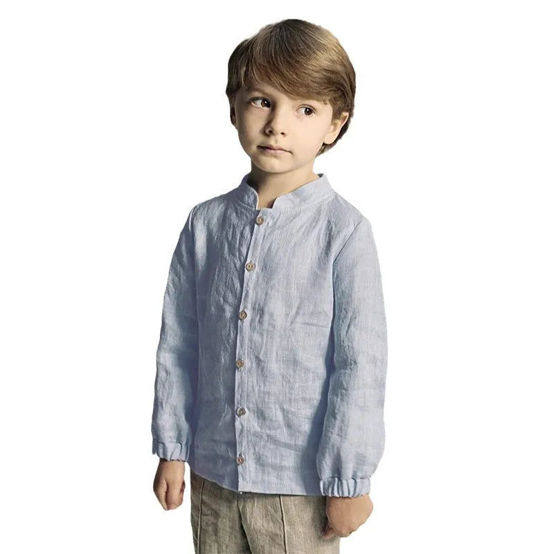 Baby long sleeve top in cotton and linen, blue and white, for 90-130cm height