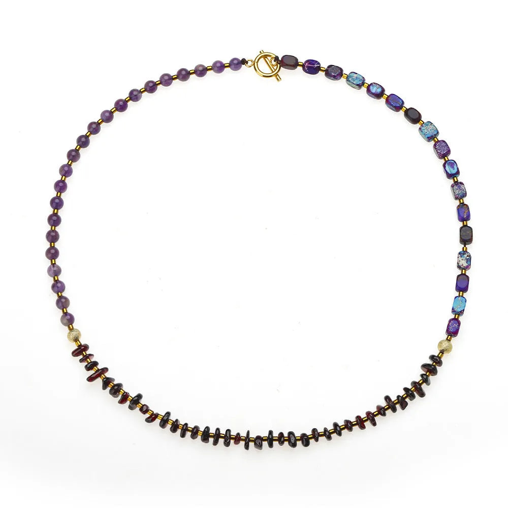 Purple amethyst round beads geometric bracelet with garnet accents and textured detailing
