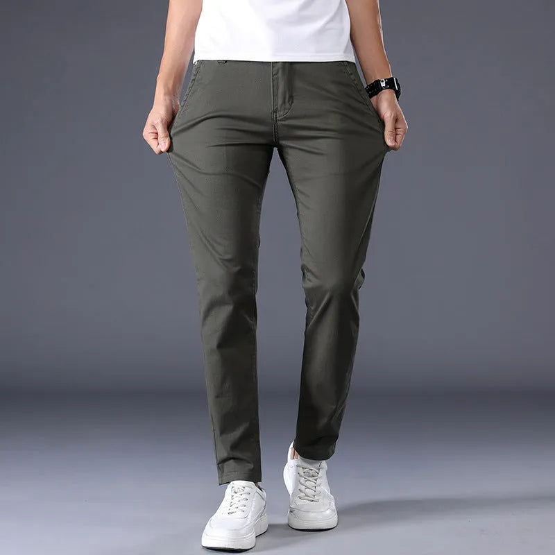 Men's solid colour casual trousers Korean style straight leg cotton fabric mid waist available in khaki black and other colours sizes 28-38