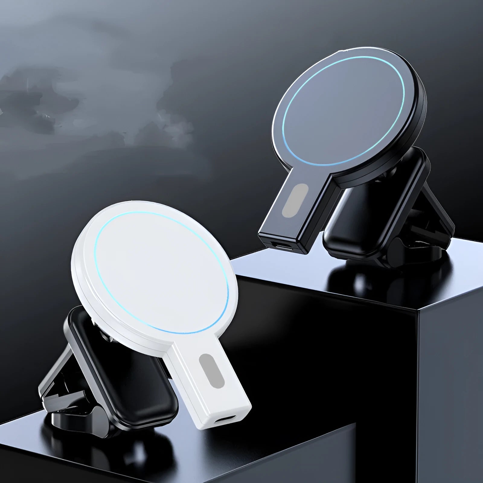Black and white magnetic absorption wireless charger with compact design and USB connection