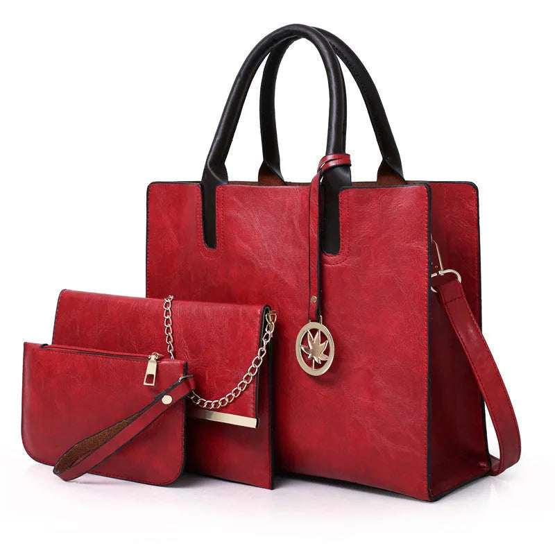 Women's PU leather mother-and-child handbag set in black with shoulder strap