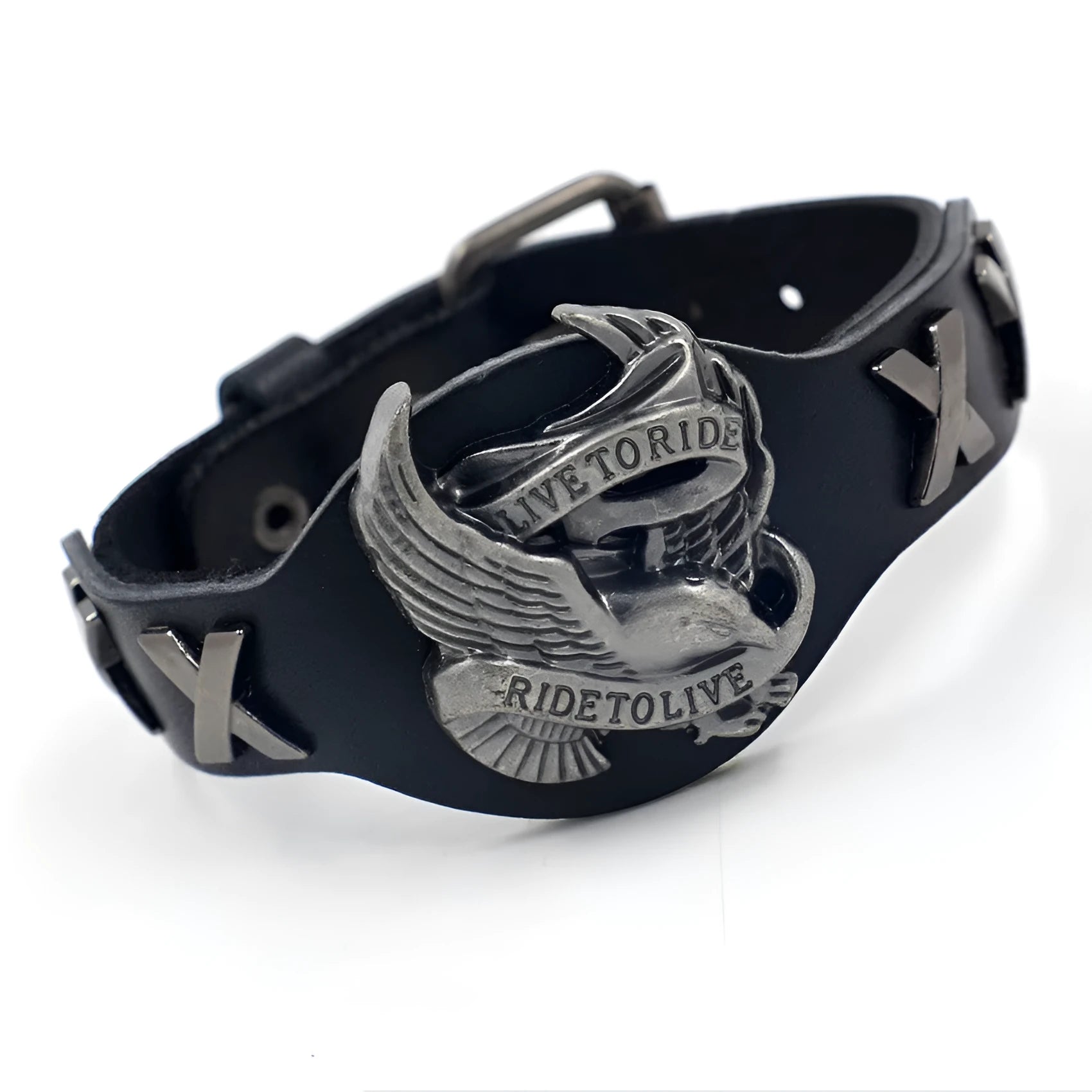 Black geometric leather bracelet with an alloy eagle watch-button clasp, shown flat displaying its 26cm length.