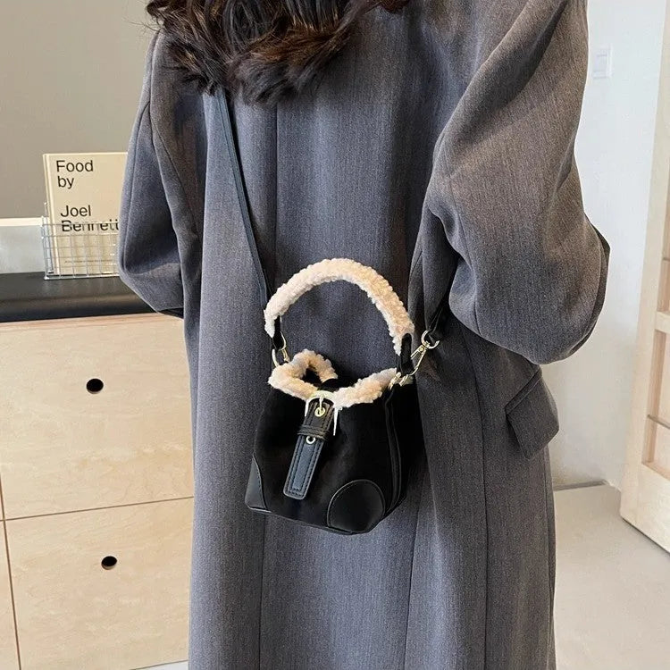 Women's retro plush PU crossbody bag in brown with single shoulder strap