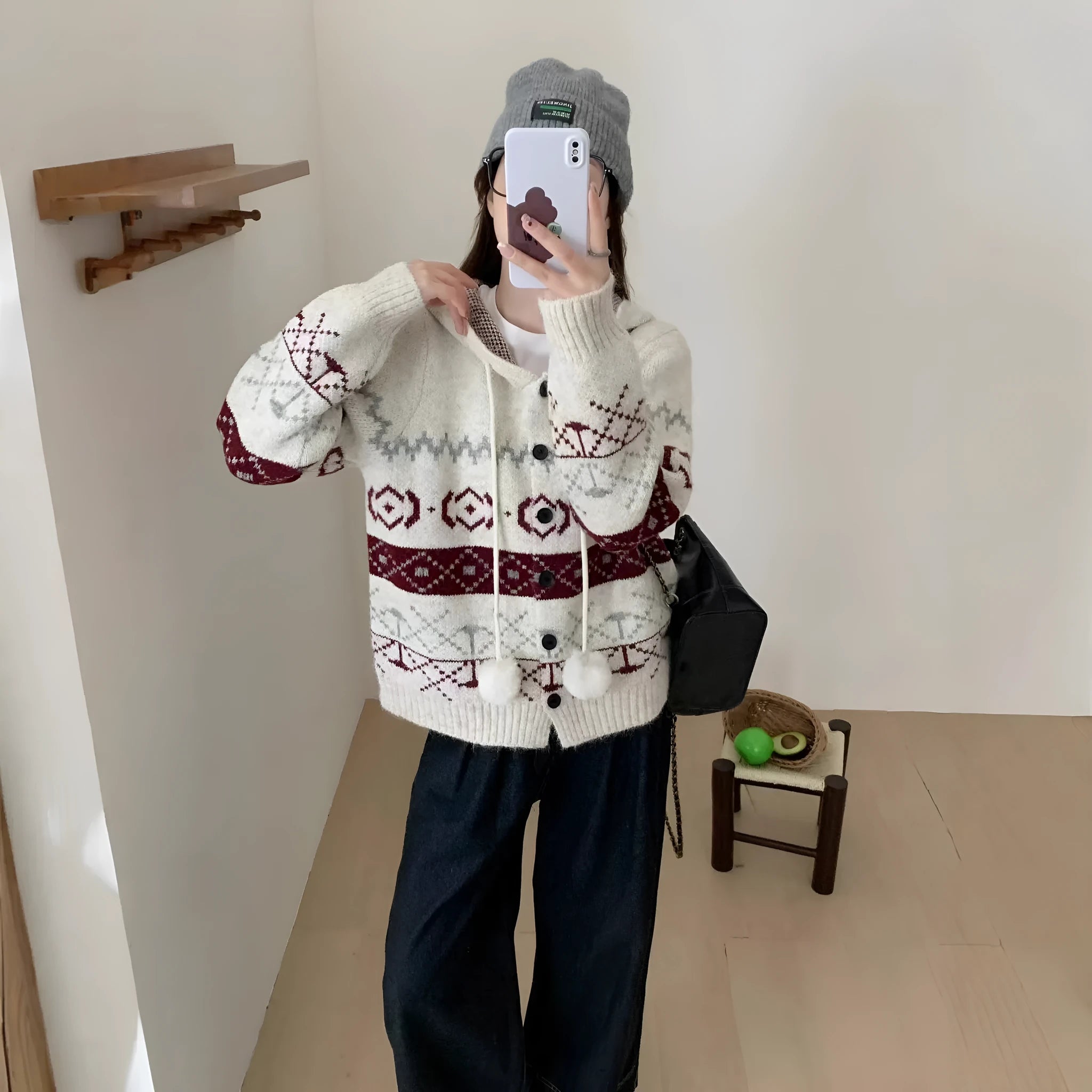Women's plus size geometric pattern brocade sweater coat in loose fit beige colour