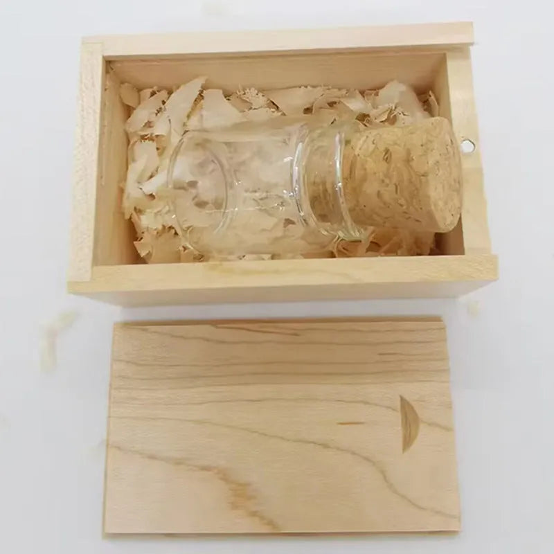 Wooden Wish Drift Bottle USB Disk – bottle-shaped wooden USB flash drive with transparent finish, 60×28mm