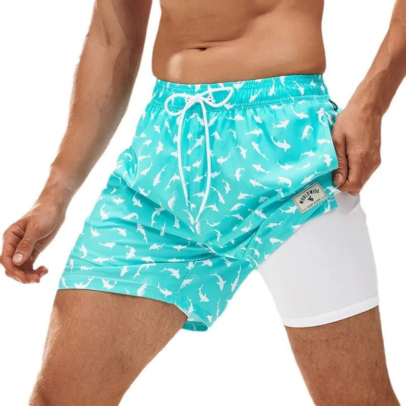 Men's loose fit quick-drying boxer swimming trunks in a selection of floral and tropical print designs.