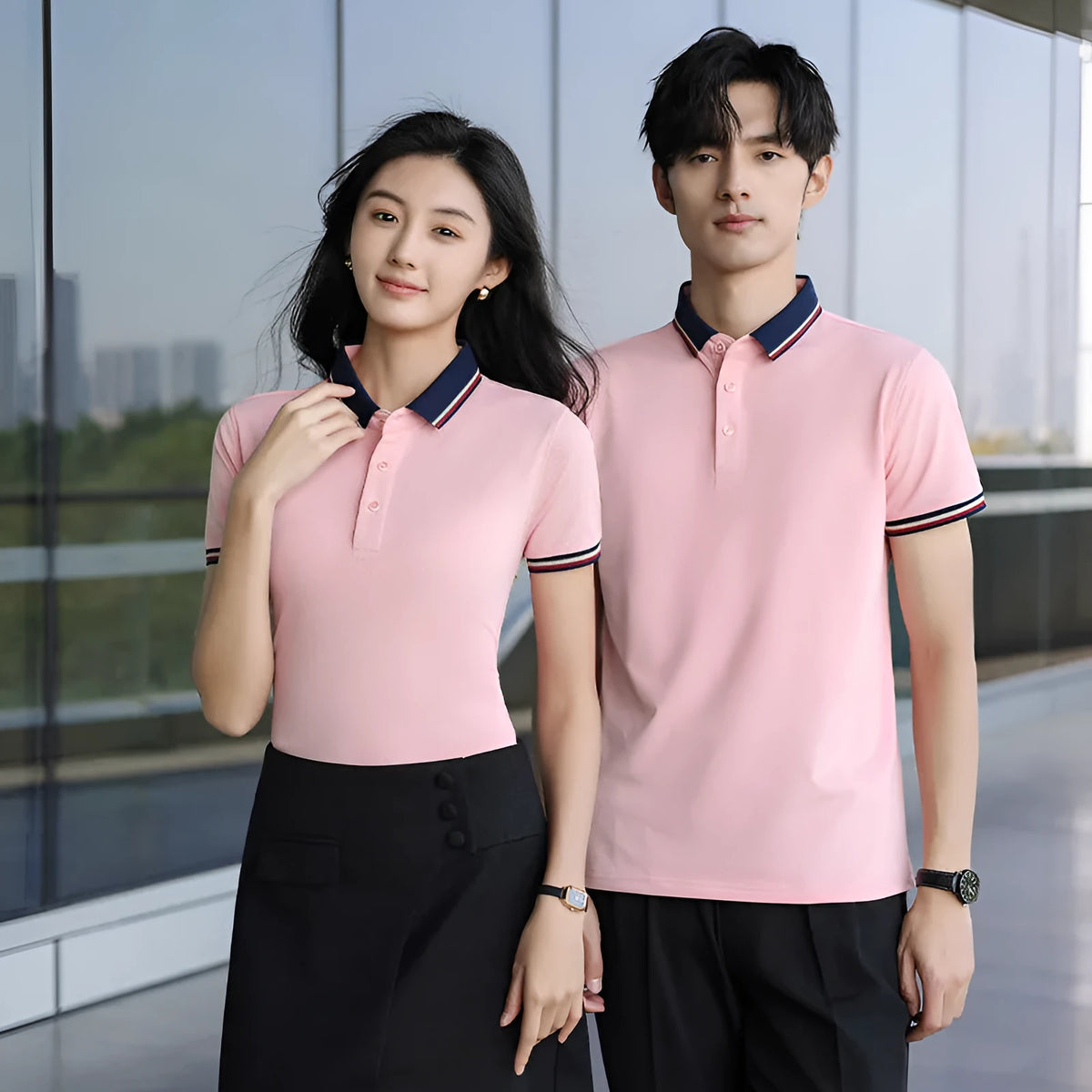 Summer solid colour cotton polo shirt with short sleeves and slit hem, available in multiple colours and sizes