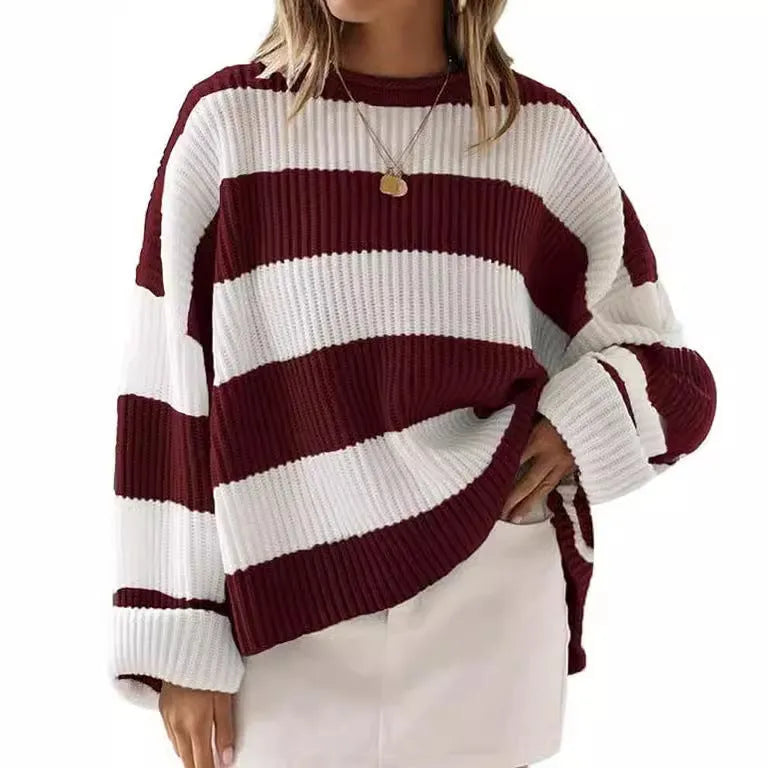 Women's striped pullover with bell sleeves and crocheted flower details in viscose fibre