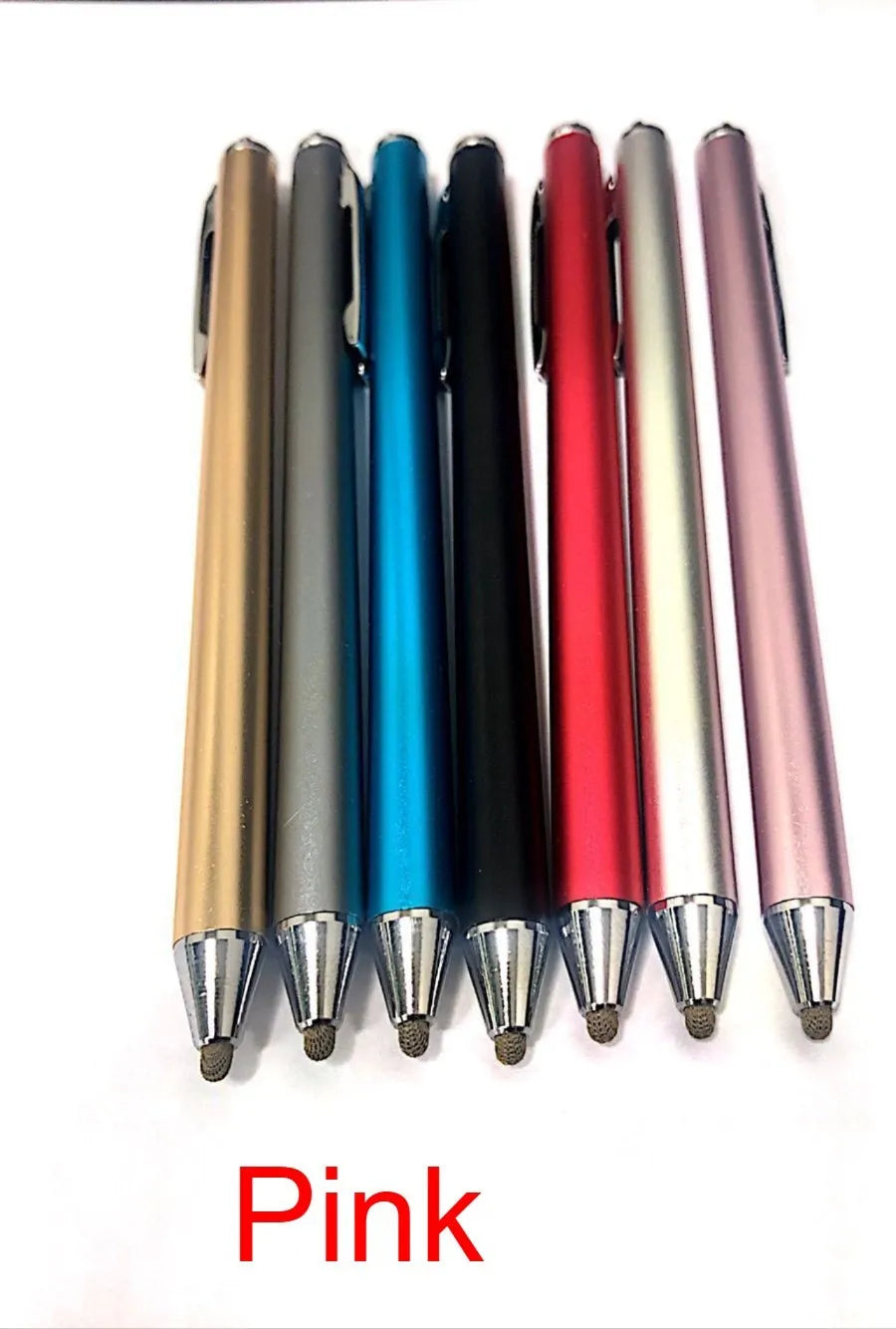 Metal capacitive stylus pen in seven colour options: black, silver, red, sky blue, gold, pink, and grey.
