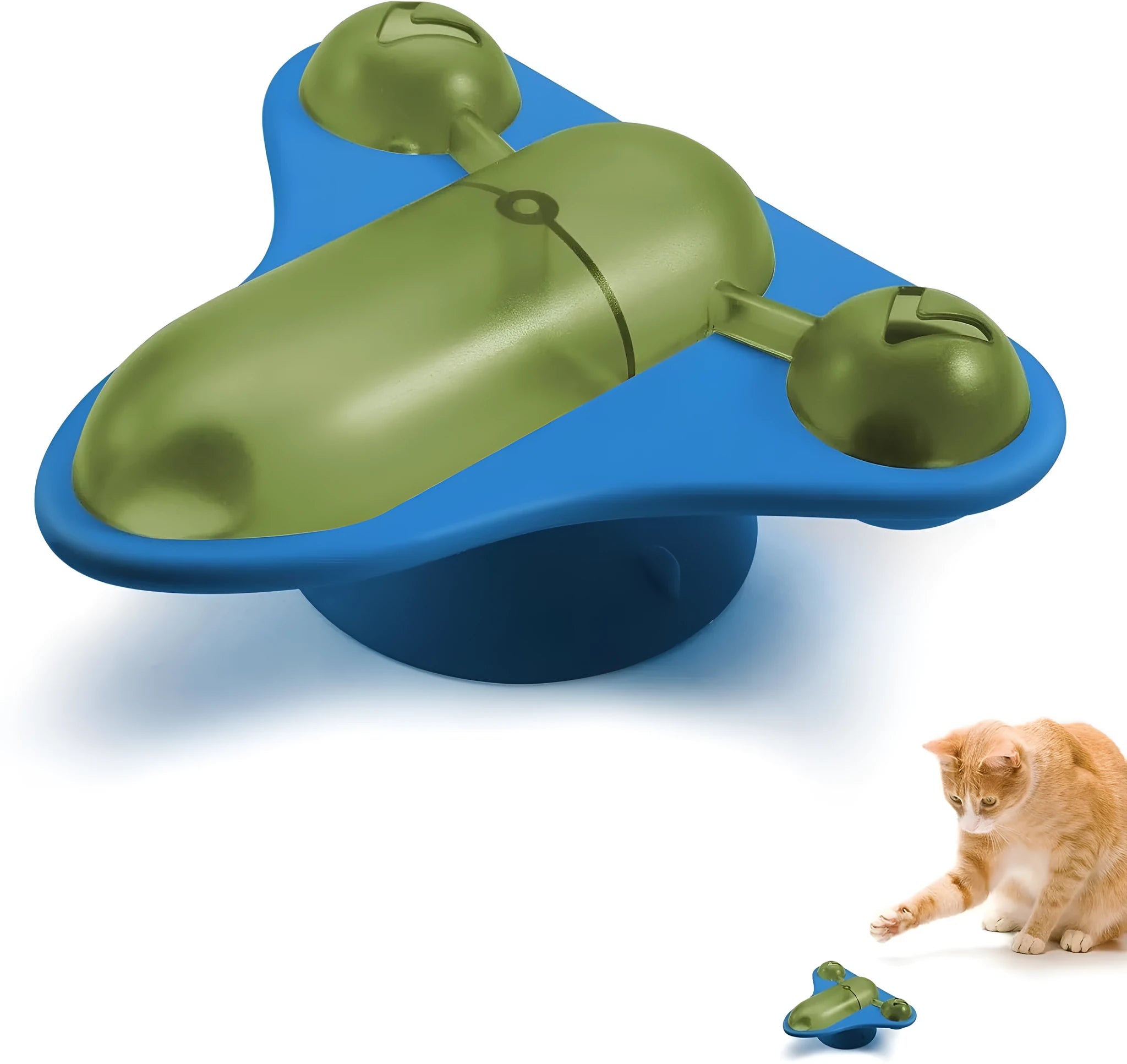 Blue interactive pet puzzle toy with aeroplane snack compartment, bell, and catnip on suction cup base