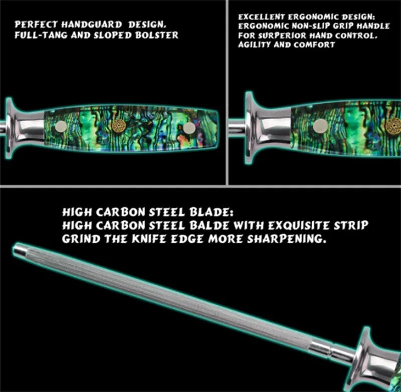 High carbon steel manual knife sharpener with an abalone shell handle.