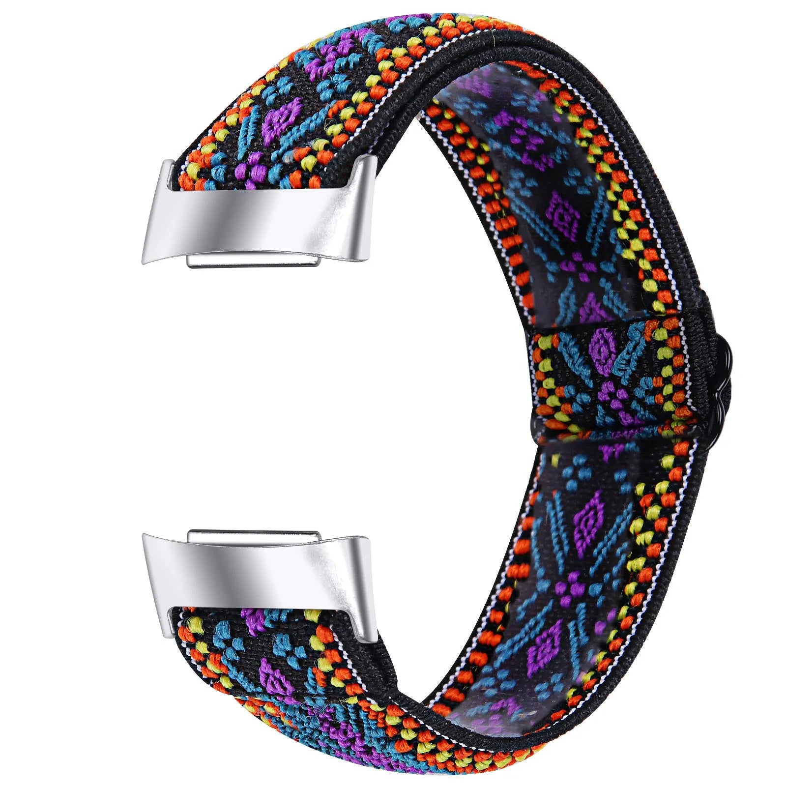 Printed elastic replacement watch strap compatible with Fitbit Charge 6, shown in an adjustable length.