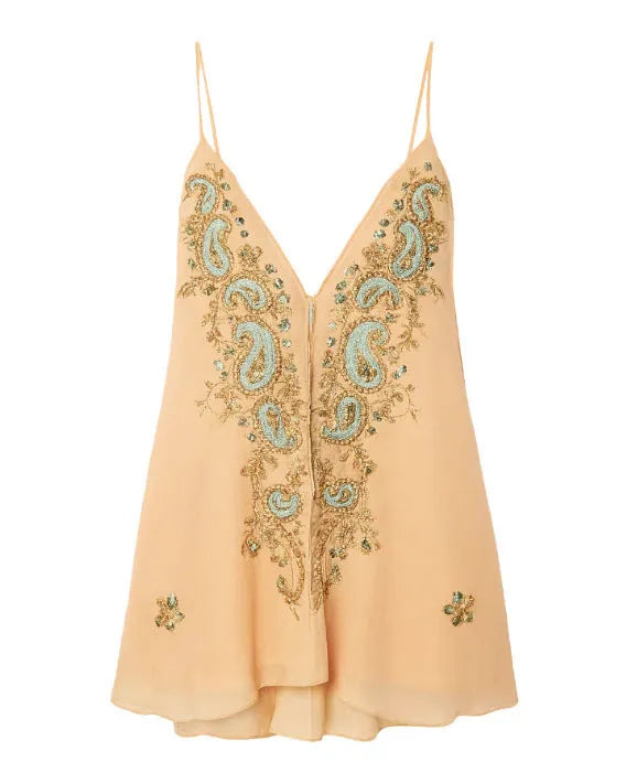 Light yellow ethnic print V-neck strap skirt with sleeveless design and short length