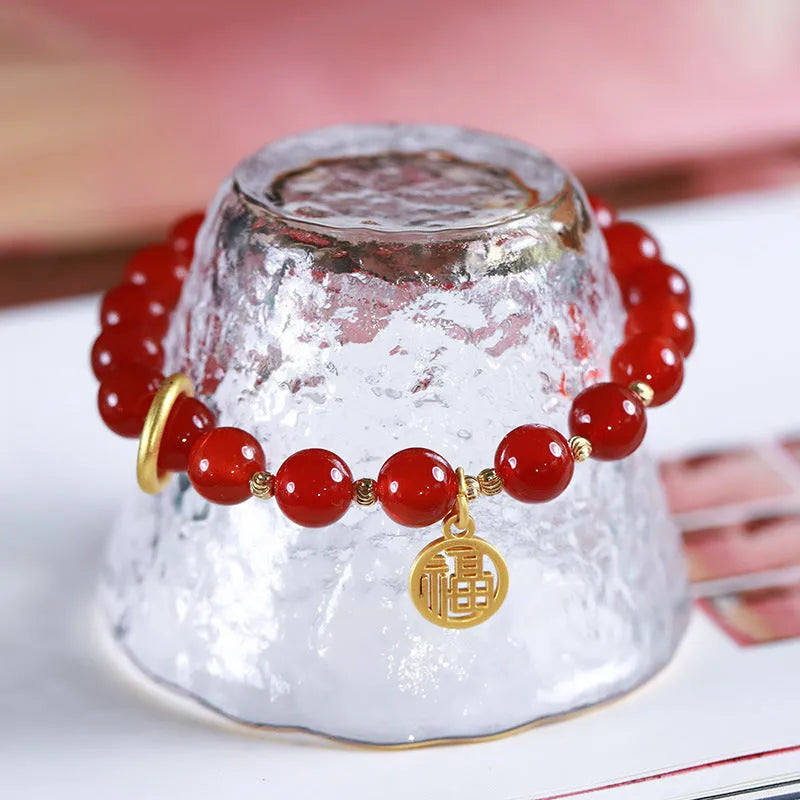 Natural red agate woven bracelet with blessing card in 8mm and 10mm size options