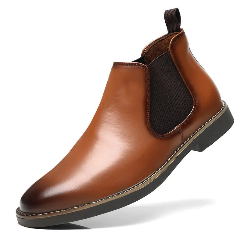 Men's plus size British style leather boots with square heel, solid colour, and rubber sole in black finish