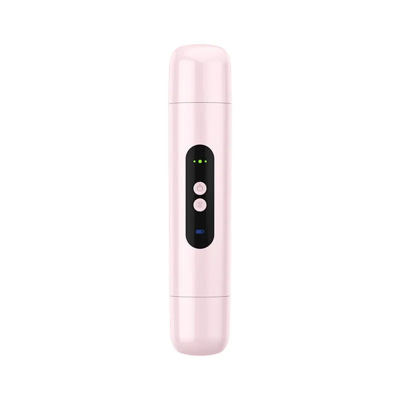 Pink and white portable electric depilator for trimming body hair, shown with USB cable.