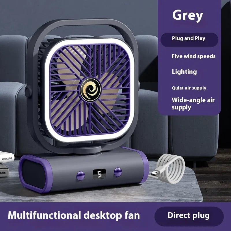 Rechargeable shaking head desktop fan in greyish purple with USB charging, brushless motor, 240x180x96mm