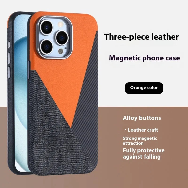 iPhone 15 Pro magnetic case with three-pigment leather finish in black, brown, orange, sapphire blue, and titanium gray