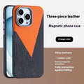 iPhone 15 Pro magnetic case with three-pigment leather finish in black, brown, orange, sapphire blue, and titanium gray
