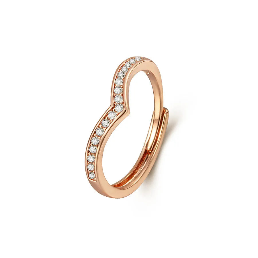 V-shaped adjustable ring for women with zircon inlaid detailing in white gold finish