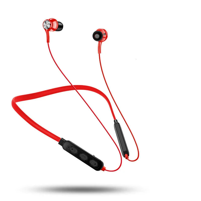 Black, red, and white binaural neckband Bluetooth sports earphones with a USB cable.