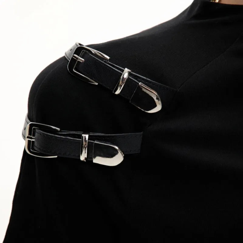 Men's slim fit black cotton T-shirt with metal belt detail and small stand-up collar