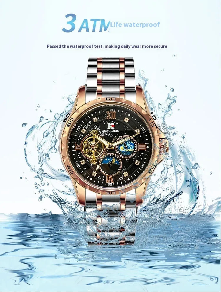 Automatic mechanical men's watch with rose gold case, black dial, and stainless steel bracelet.