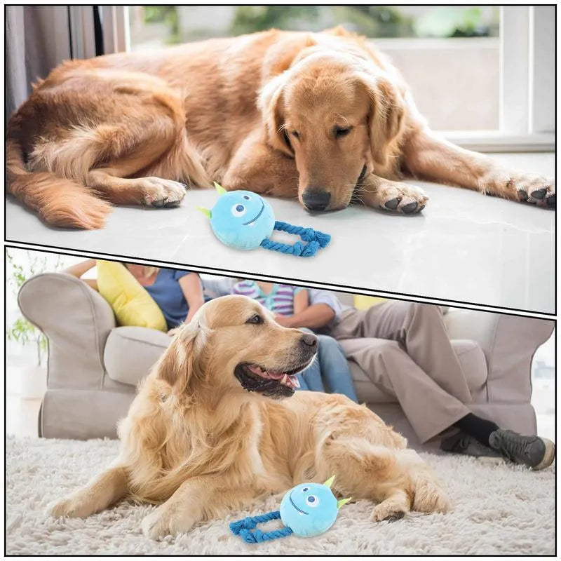 Blue and yellow cartoon dog squeaky toys with strong knot design and cotton rope texture