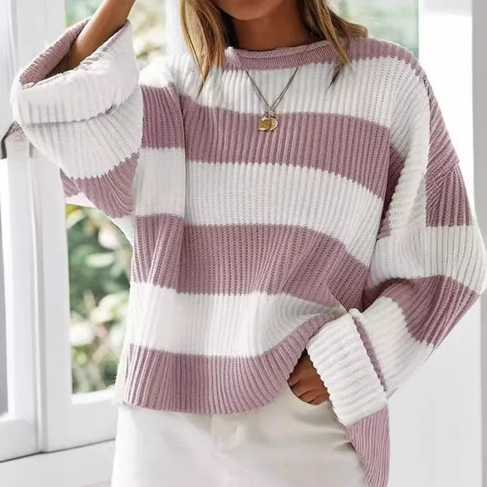 Women's striped pullover with bell sleeves and crocheted flower details in viscose fibre