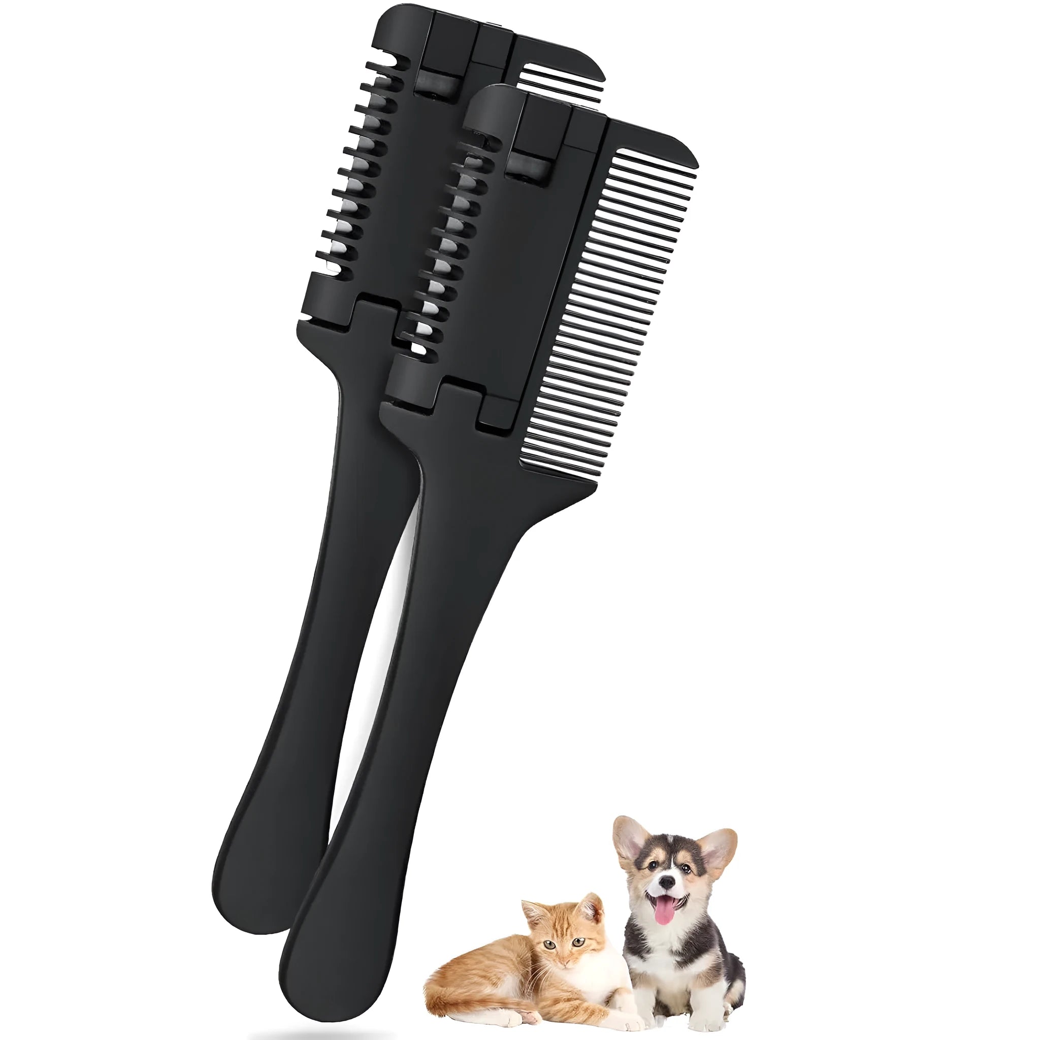Stainless steel pet razor comb with detangling teeth and trimming blade, shown with spare blades.