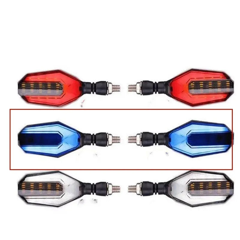 Motorcycle modified two-colour light guide 30 LED steering indicator signal set showing light guide colours