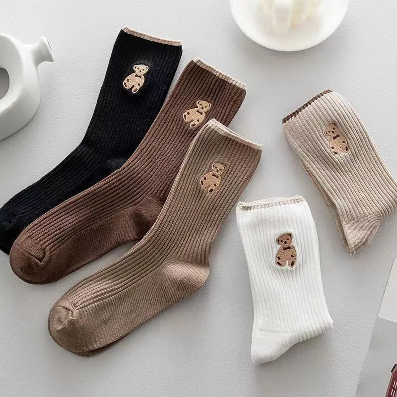 Women's mid-calf retro bear jacquard stack socks in white beige or brown, Japanese school style