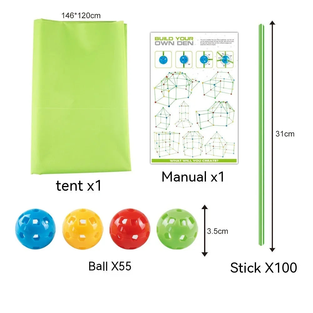 Luminous plastic fort building kit for kids with glowing sticks, balls, and fabric tent