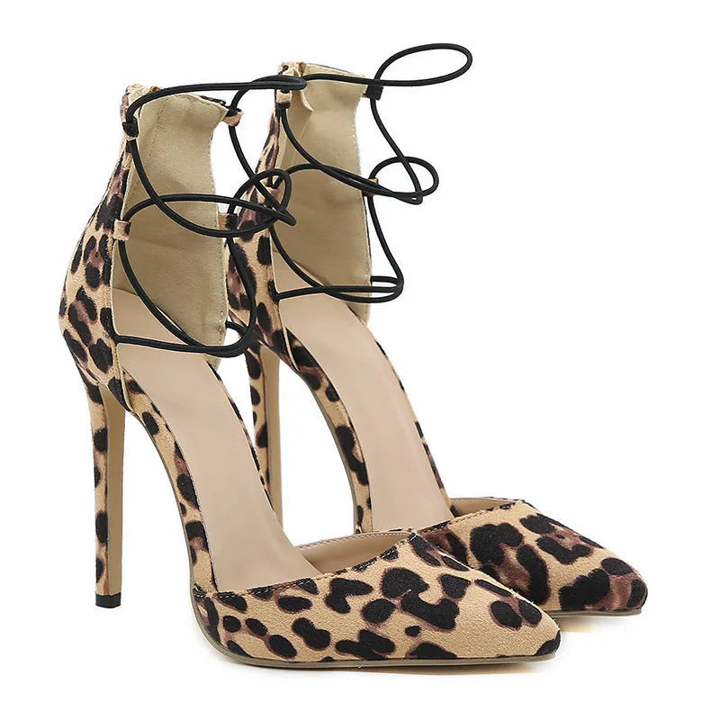 Women's brown suede pointed toe cross strap high heel sandals with 12cm slim heel on white background